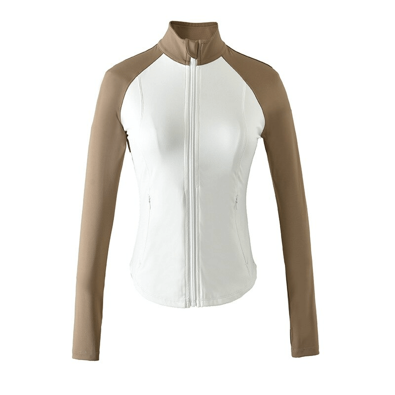 Two color tone slim sport jacket, long sleeve, zip-up, nylon-polyester blend, perfect for female yogis, broadcloth fabric, SF1279.